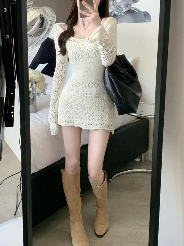 2022 Autumn Elegant Knitted Dress Women Long Sleeve Lace Short Party Dress Korea Fashion Slim Sexy Y2k Mini Dress Female Vintage 2