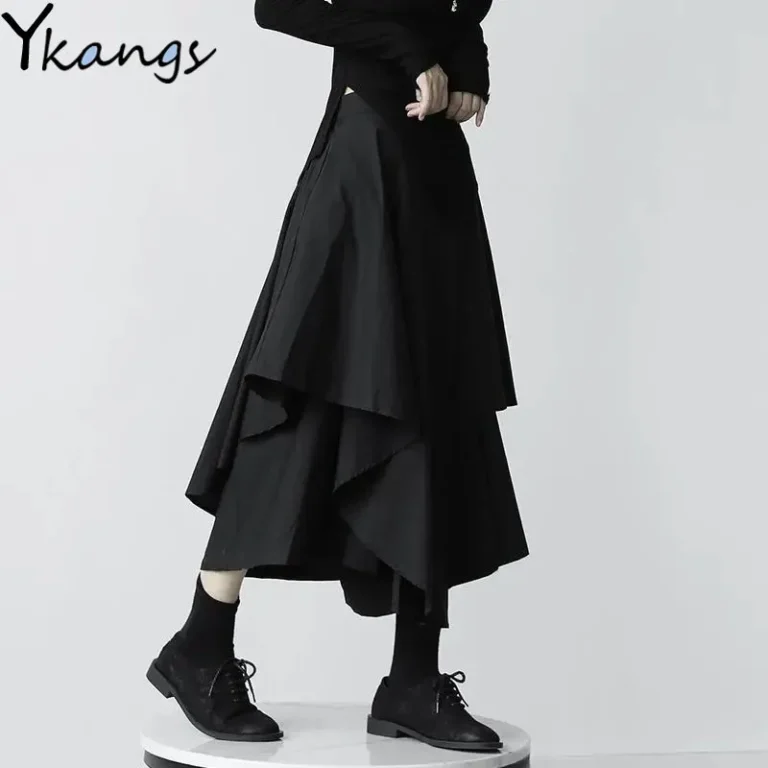 Japanese Gothic Irregular High-Waist Pleated Skirt Pants Women Black Harajuku Punk Cargo Skirt Summer Vintage Clothing Long Saia 1