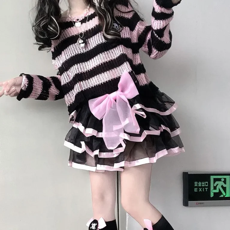 Karrram Pink Striped Gothic Sweaters Women Ripped Holes Loose Knitted Pullover Frayed Fairy Grunge Jumpers Emo Streetwear Lolita 6