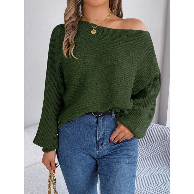 2023 Autumn and Winter Sweater Women's Solid Color Bat Sleeve Off Shoulder Pullover Sweater Women's Casual Fashion Top 6