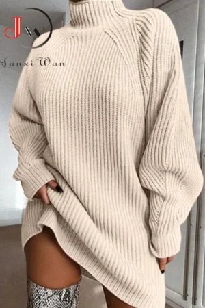 Women Turtleneck Oversized Knitted Dress Autumn Solid Long Sleeve Casual Elegant Mini Sweater Dress Winter Clothes