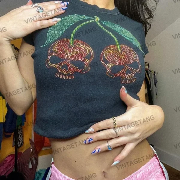Y2K clothes 2000s Vintage Harajuku Fairy grunge Short Top women's T-shirts Rhinestones Goth Skull Baby Tees E-girl EMO Crop Tops
