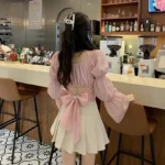 Back Puff Sleeve Shirts Women Autumn French Bow Bandage Blouses 2022 New Black Pink Square Neck Cropped Tops Female 3