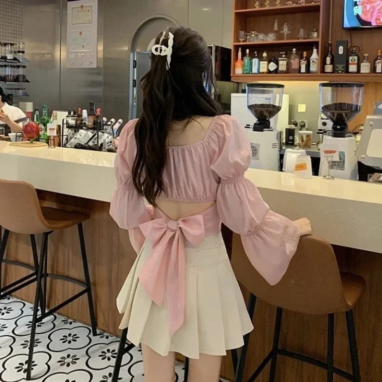 Back Puff Sleeve Shirts Women Autumn French Bow Bandage Blouses 2022 New Black Pink Square Neck Cropped Tops Female 3