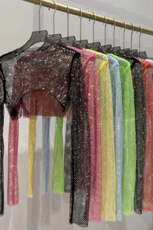 2023 new sexy bright diamond short top Slim thin Ms. hot drill long-sleeved T-shirt sexy leak waist nightclub