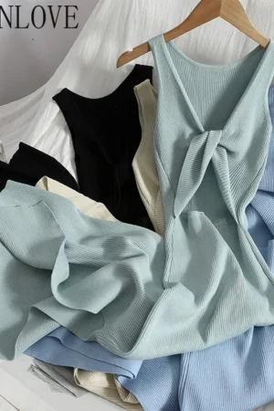 OCEANLOVE Korean Knitted Robe Femme Summer V Neck Sleeveless Kink Hollow Out Sexy Slim Bodycon Dress Split Fork Long Vestidos