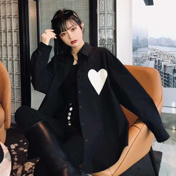 Gidyq Spring Fashion Women Shirts Casual Korean Designed Love Patchwork Tops Streetwear Female Elegant Loose Long Sleeve Shirt 4