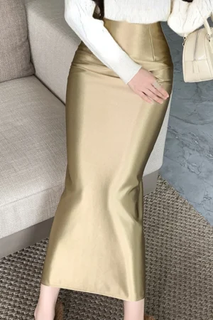 Spring Fall Women High Waisted Wine Red Black Golden Slim Imitation Silk Skirt , Woman Elegant Fashion Ankle Length Satin Skirts