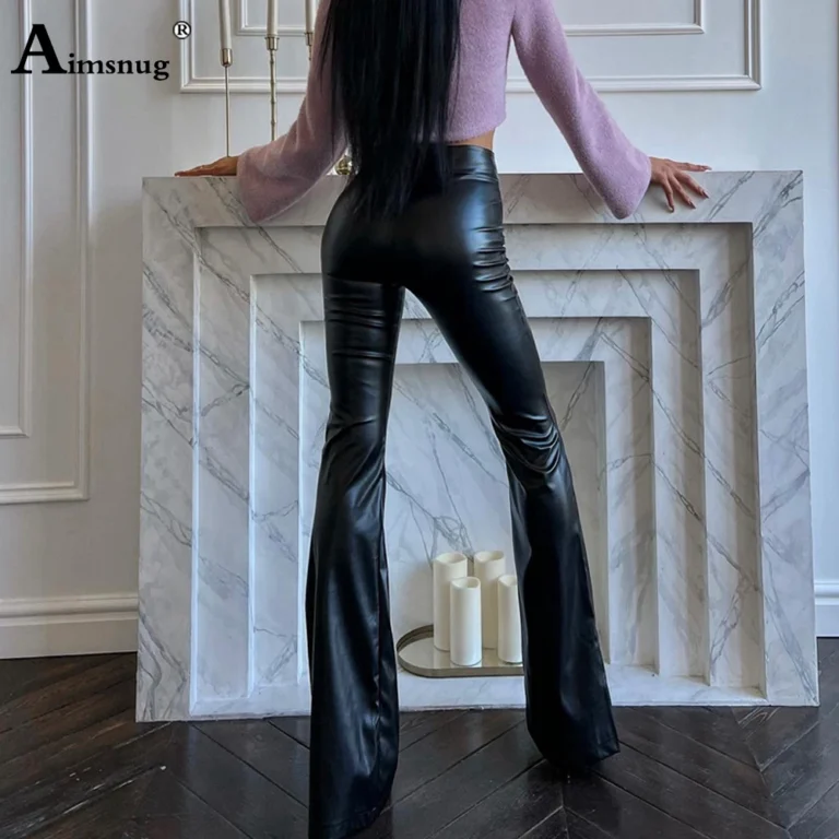 Women Fashion Street PU Leather Pants Female Elastic Waist Slim Trouser Girls High Cut Flare Pants Black Soft Faux Leather Pant 3