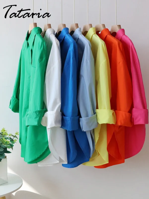 Basic Candy Colors Shirt Women's Beautiful Blouses with Collar 2023 Summer Green Button Up Shirts Oversized Long Sleeve Tops 3