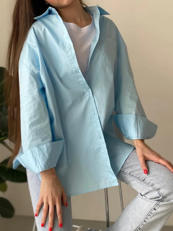Basic Candy Colors Shirt Women's Beautiful Blouses with Collar 2023 Summer Green Button Up Shirts Oversized Long Sleeve Tops 6
