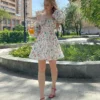 NewAsia Floral Dress Women Lantern Long Sleeve Ruched Print A Line Square Neck Tie up Mini Vestidos Sexy Chic Summer Beach Dress 3