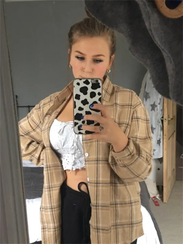 Women Shirt Plaid Oversize Blouse Female Korean Fashion Long Sleeves Shirt Tops Casual Outwear Vintage Checkered Femme Blusas 6