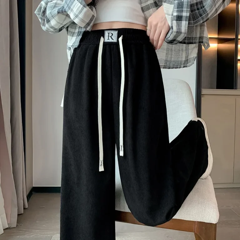 Wood Cotton Fleece Wide-Leg Pants Women 2023 Spring Autumn New High-Waisted Slimming Sports Casual Pants Loose Mopping Y2k Pants 5