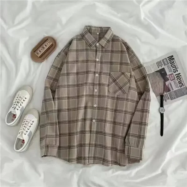 Vintage Plaid Shirts Women Autumn Long Sleeve Oversize Button Up Shirt Korean Fashion Casual Fall Outwear Tops Blusas Mujer 2021 5