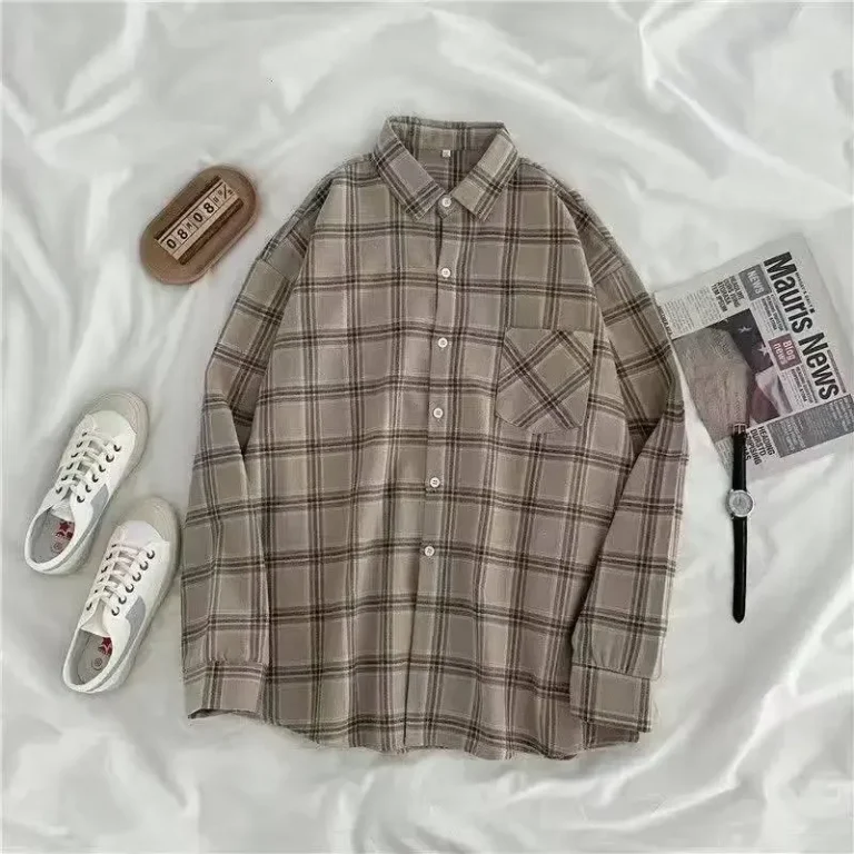 Vintage Plaid Shirts Women Autumn Long Sleeve Oversize Button Up Shirt Korean Fashion Casual Fall Outwear Tops Blusas Mujer 2021 5