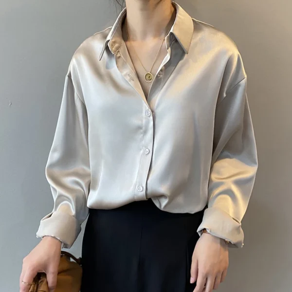 Autumn Fashion Button Up Satin Shirt Vintage Blouse Women White Lady Long Sleeves Female Loose Street Shirts 11355 2
