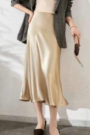 Women High Waisted Skirt Silk Satin Skirts  A-Line Elegant Skirts Pink Midi Skirt New Korean Style  Pencil Skort  Skirt 2024