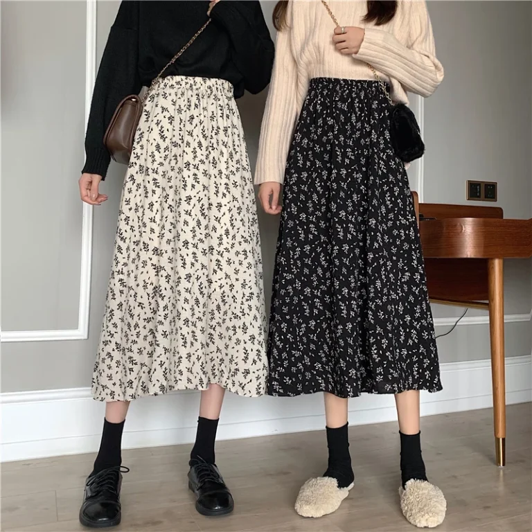 Vintage Floral Print A-line Pleated Long Skirts Summer Women 2023 Korean Skirt Streetwear Drawstring Elastic Waist Midi Skirt 2
