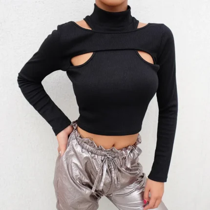 Female T-Shirt Knitting For Women Black Open Korean Style Modis Long Sleeve Gothic Basic Top Summer sexy street dance crop top 1