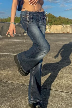 Y2K Flare Low Rise Jeans Pants for Girls Cargo Baggy Trousers Aesthetic Streetwear Pockets Hippie Denim Bell Bottom CasualOutfit 2