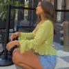 ALLNeon Vintage 90s Streetwear Ruffles Trim Green Chiffon T-shirts Y2K Fashion Sexy Deep V Lace Up Long Sleeve Tops Transparent 5