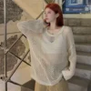 Long Sleeve See Through Hollow Out Loose Sweater Lady O Neck Pullover Thin Jumper 2023 Korean Summer Autumn Fashion New Women's 2