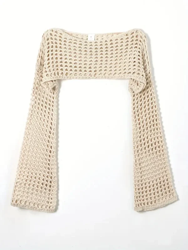 Women Crochet Knit Hollow Out Crop Top Long Sleeve Shrug Sweater Mesh Cover Ups Cardigan Streetwear Pullover Women Clothes Y2k