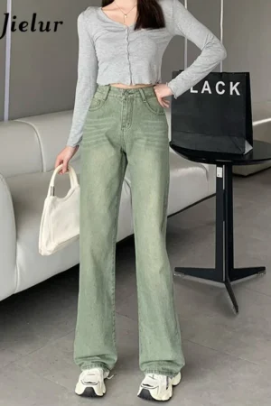 Jielur American High Street Straight Leg Jeans Female Vintage High Waist Slim Chic Women Jeans Green Fashion Street Woman Pants 1