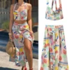 Sexy Print Halter Top Skirts Set Women Sleeveless Backless Tank Tops High Waist Split Skirt Set 2024 Summer Lady Beach Outfit