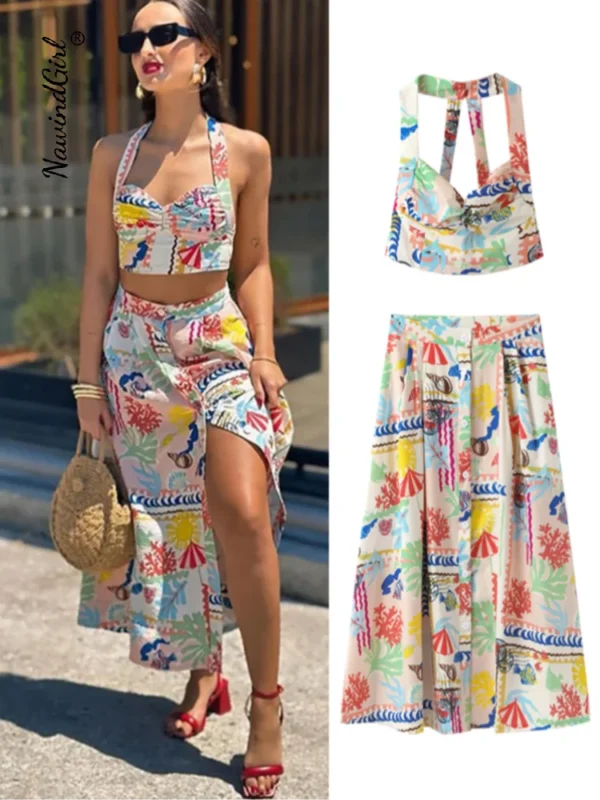 Sexy Print Halter Top Skirts Set Women Sleeveless Backless Tank Tops High Waist Split Skirt Set 2024 Summer Lady Beach Outfit
