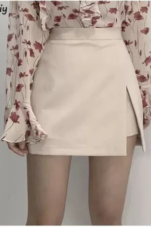 Mini Skirts Women Irregular Solid Side-slit Stretchy Korean Style Trendy Chic OL High Waist Female Bottom Popular Spring Autumn