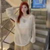 Long Sleeve See Through Hollow Out Loose Sweater Lady O Neck Pullover Thin Jumper 2023 Korean Summer Autumn Fashion New Women's 1