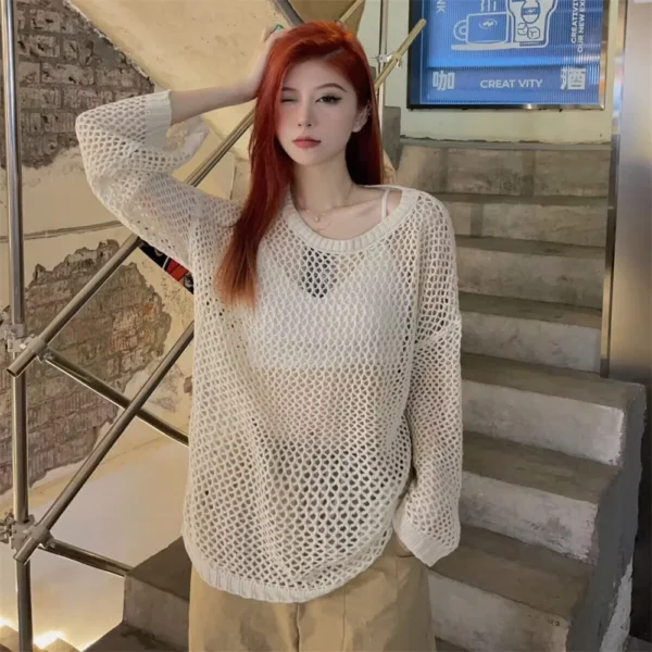 Long Sleeve See Through Hollow Out Loose Sweater Lady O Neck Pullover Thin Jumper 2023 Korean Summer Autumn Fashion New Women's 1