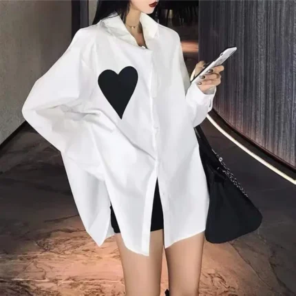 Gidyq Spring Fashion Women Shirts Casual Korean Designed Love Patchwork Tops Streetwear Female Elegant Loose Long Sleeve Shirt 1