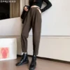 Autumn Winter Woolen Women's Pants Casual Streetwear Loose Elastic High Waist Harem Pants Femme Thin Legs Black Brown Trousers 2