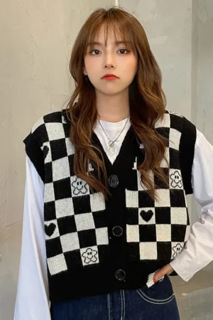 Checkerboard Plaid Sweater Vest For Women Vintage Print Knitted Mini Vest Casual Streetwear Harajuku Clothing Autumn Top
