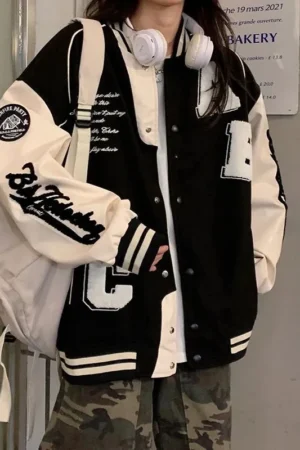 Vintage Bomber Jacket Women Y2K Harajuku Streetwear Oversized Coat Korean Loose Female College Uniform Varsity Baseball Outwear 1