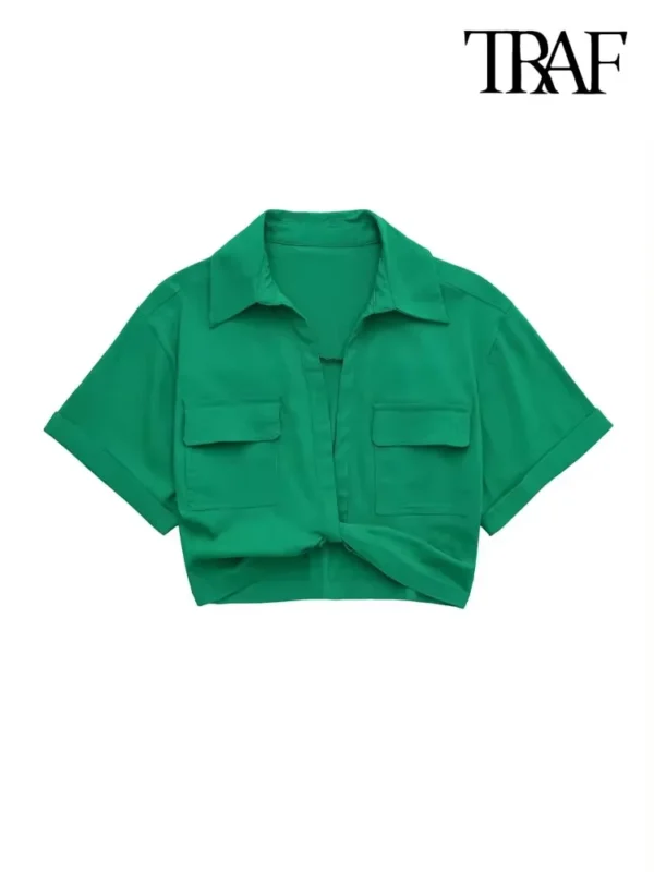 TRAF Women Fashion Front Knot Elastic Linen Cropped Shirts Vintage Short Sleeve Patch Pockets Female Blouses Blusa Chic Tops 6