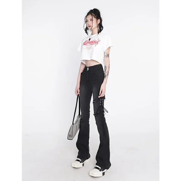Women's Clothing Flare Jeans Black Lacing High Waist Stretchy Self Cultivation Vintage Casual Baggy Ladies Denim Trouser Summer 3