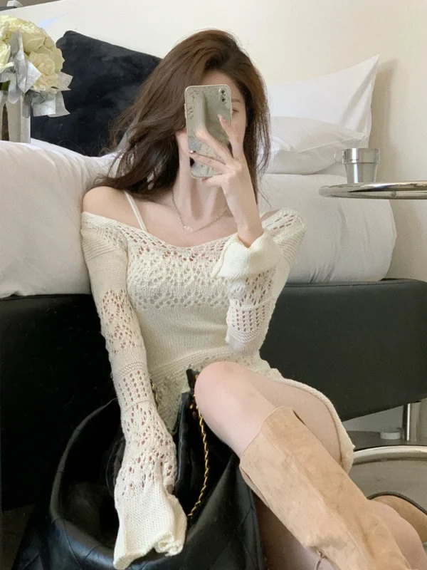 2022 Autumn Elegant Knitted Dress Women Long Sleeve Lace Short Party Dress Korea Fashion Slim Sexy Y2k Mini Dress Female Vintage 5