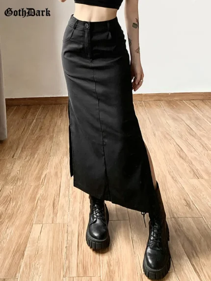 Goth Dark Grunge Casual Tag Split Women Midi Skirts Mall Gothic Punk High Raise Slim Long Skirt Y2k Sexy Fashion Streetwear 2023 1