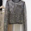 Summer New Ladies Temperament Rhinestone Round Neck Long Sleeve Bright Starlight Hollow Shiny Bottoming Shirt Women's Top Trend 2