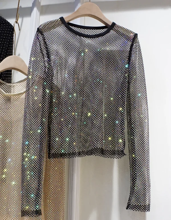 Summer New Ladies Temperament Rhinestone Round Neck Long Sleeve Bright Starlight Hollow Shiny Bottoming Shirt Women's Top Trend 2