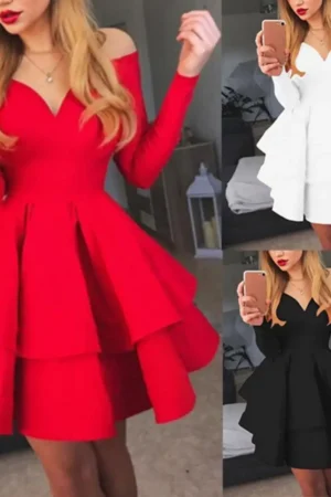 Elegant Women Long Sleeve V Neck Off Shoulder Large Swing Ruffled Hem Mini Dress