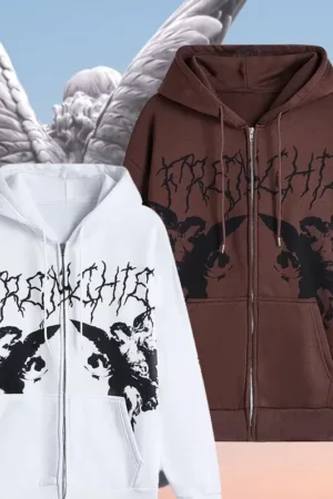 Women Vintage Angel Print Hoodies Autumn Winter Zip Up Long Sleeve Pocket Loose Sweatshirt Y2K Female Fashion Gothic Streetwear