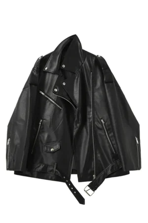 FTLZZ Spring Autumn Faux Leather Jackets Women Loose Casual Coat Female Drop-shoulder Motorcycles Locomotive Outwear With Belt 2
