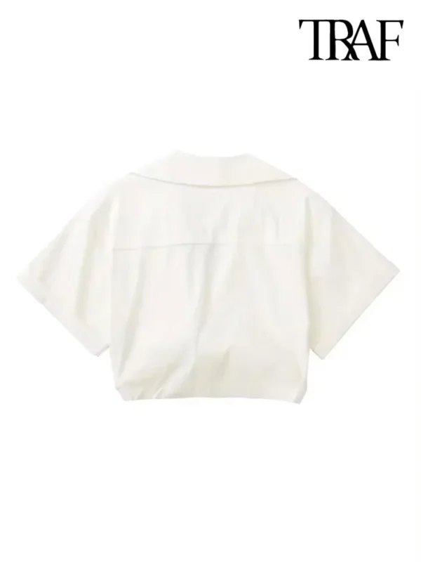 TRAF Women Fashion Front Knot Elastic Linen Cropped Shirts Vintage Short Sleeve Patch Pockets Female Blouses Blusa Chic Tops 2