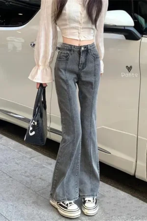 Vintage High Waist Flare Jeans Women Gray High Street Slim Boot Cut Denim Pants Stretchable Long Flared Denim Trousers Casual