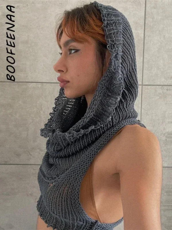 BOOFEENAA Hooded Sleeveless Knitted Sweater Vest Streetwear Fashion Sexy Y2k Crop Top Autumn Clothes Women 2023 C71-CE17 2